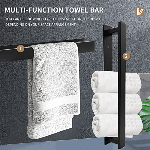 Mairhie Towel Rail & 2 Towel Hooks, Matt Black Self Adhesive Towel Rail, 16 Inch Wall Mounted Towel Bar, Waterproof Towel Hangers for Bathroom, S