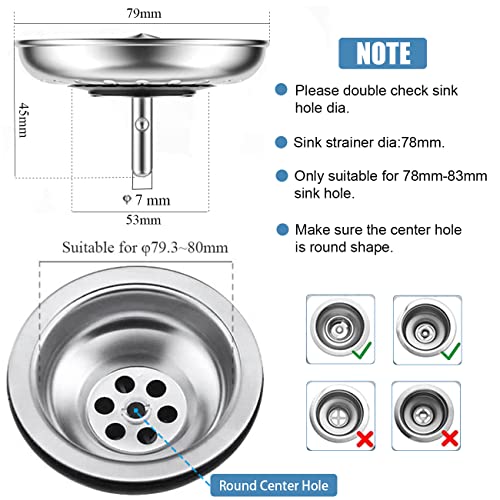 Sink Strainer Plug 78mm Pack of 2 (Upgraded), Kitchen Sink Waste Strainer Plug for UK Sinks (79-84mm), Stainless Steel Strainer Plug for Kitchen/