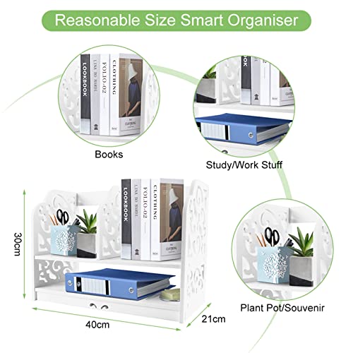 lyrlody Desktop Bookcase,2Tier DIY Wood Baroque Carve Desktop Organizer PVC Desk Book Shelf Storage Holder Rack Small Cosmetics Display Standing