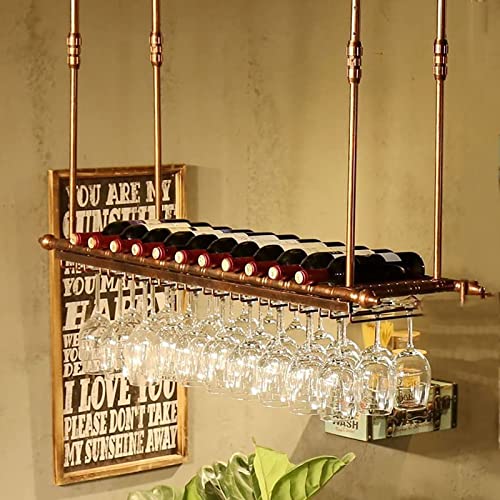 EYLINK Rustic Wine Bottles Holder, With Hanging Stemware Glasses Holder-Wall Mounted Metal Floating Shelf -Vintage Wine Storage Ceiling Wine Rack