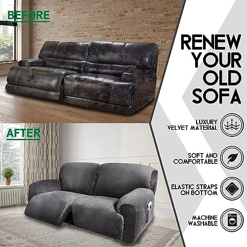 Fengshui 2 Seater Recliner Sofa Covers 6 Pcs Velvet Stretch Loveseat Couch Cover with Side Pocket, Soft Washable Reclining Chair Protector fit 75