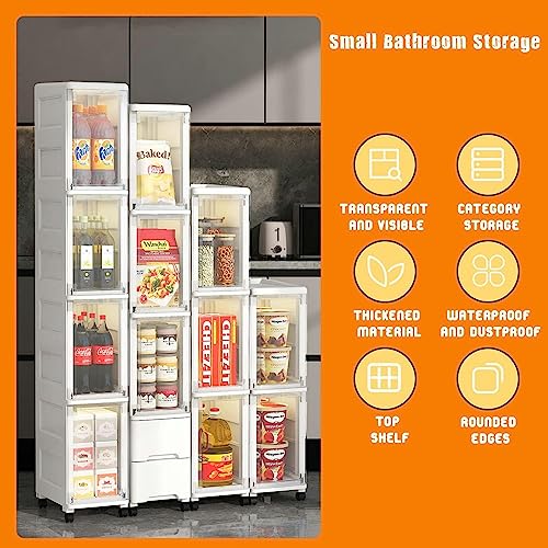 CIADAZ 3/4 Tier Rolling Storage Cart with Clear Drawers, Bathroom Floor Cabinet, Tall Bathroom Storage Cabinet Organizer Narrow Dresser Storage T