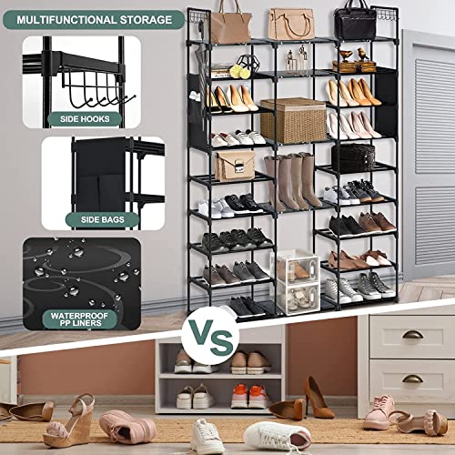 Free-Standing Shoe Rack Organizer, Garage Shoe Storage Organizer with Side Hooks & Pockets, Metal Shoe Rack for Garage, Entryway, Holds 50 Pairs