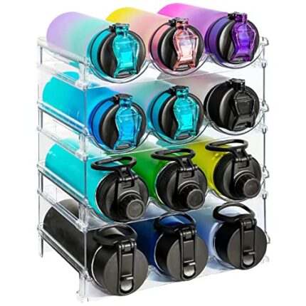 Water Bottle Organizer for Cabinet, 4 Packs Stackable Plastic Water Bottle Holder, Wine Racks for Kitchen Fridge Pantry Organization and Storage,