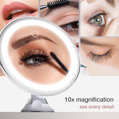 Fancii 10X Magnifying Makeup Mirror with LED Lights - Dimmable True Natural Daylight, USB & Battery, Strong Suction Cup, 20cm Wide - Luna (Silver