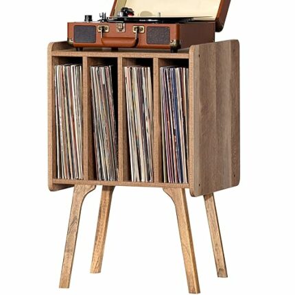 LELELINKY Record Player Stand,Vinyl Record Storage Table with 4 Cabinet Up to 100 Albums,Mid-Century Modern Turntable Stand with Wood Legs,Oak Gr