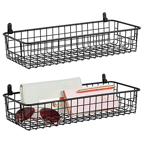 mDesign Set of 2 Hanging Storage Baskets – Wall-Mounted Metal Wire Basket – Multi-Purpose Organiser Tray for Household Items – Black