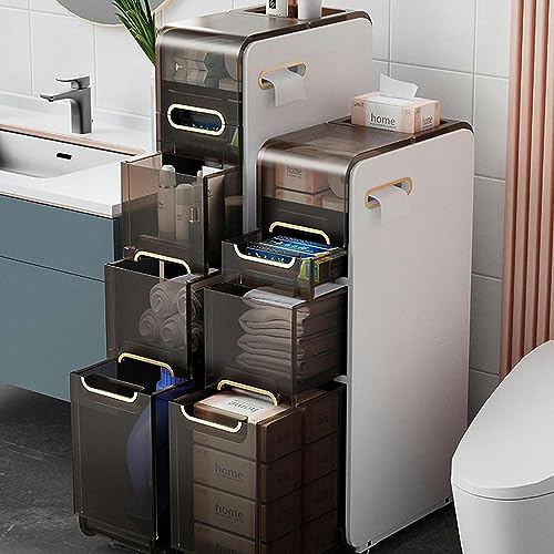 OPSREY Bathroom Floor Storage Cabinet With Transparent Drawers narrow Slender And Tall Movable Towel Storage Rack Side Independent Rolling Device
