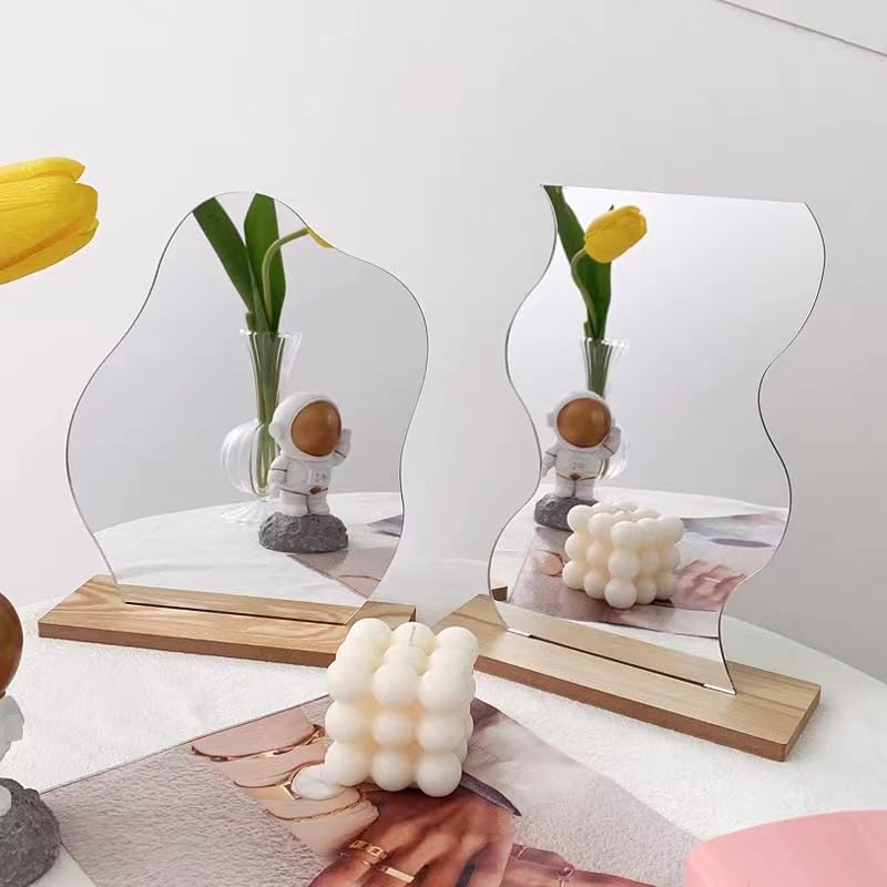 Funny live Aesthetic Room Decor Desk Mirror, Irregular Acrylic Mirrors with Wooden Stand for Living Room, Office, Locker, Vanity, Bedroom, Wall E