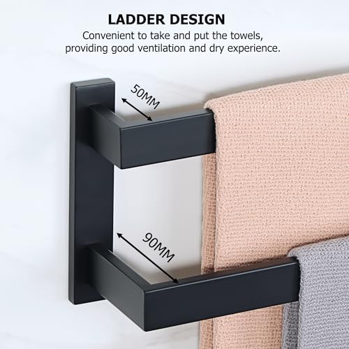 Sayayo Double Towel Rail Wall Mounted Hand Towel Holder for Bathroom Kitchen, SUS304 Stainless Steel Matte Black, EGOY002-B
