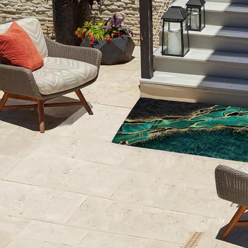 TUBAMQ Black Green Marble Door Mat,Welcome Doormat 17 x 30 Inch Decorative Home Floor Mat, Non Slip Rubber Back and Strong Water Absorption for O