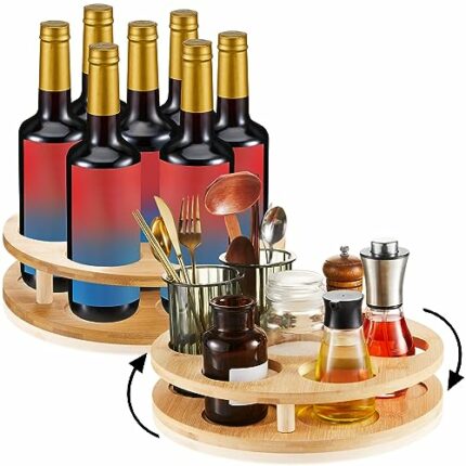2 Sets 7 Bottle Capacity Coffee Syrup Organizer Rotating Coffee Syrup Rack Wood Bamboo Lazy Susan Countertop Syrup Holder Freestanding Wine Rack