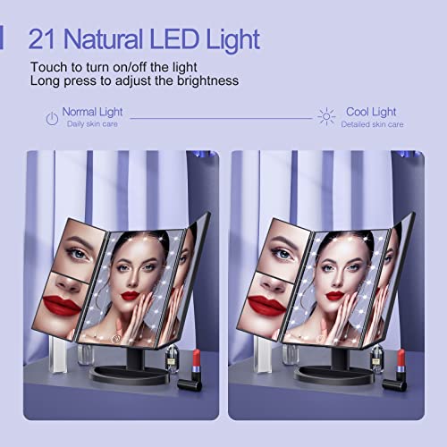 HUONUL Makeup Mirror Vanity Mirror with Lights, 2X 3X 10X Magnification, Lighted Makeup Mirror, Touch Control, Trifold Makeup Mirror, Dual Power