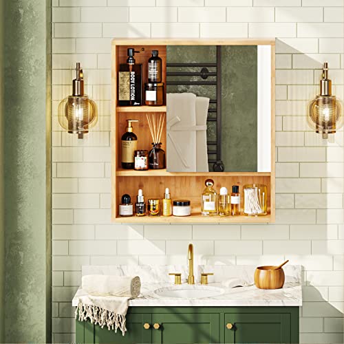 FORABAMB Medicine Cabinet with Mirror, Bathroom Vanity Mirror Cabinets Wall Mounted with Storage Shelves, Bamboo Hanging Wall Cabinet with Door a