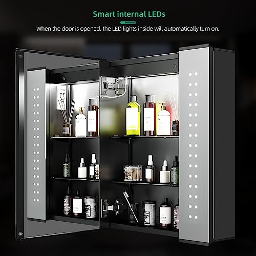 LUMIRRORS® Bathroom Mirror Cabinet 65x60cm with LED Light Shaver Socket Anti-fog Touch-Switch Dimmer Aluminium Wall mounted Cabinets Storage Cupb