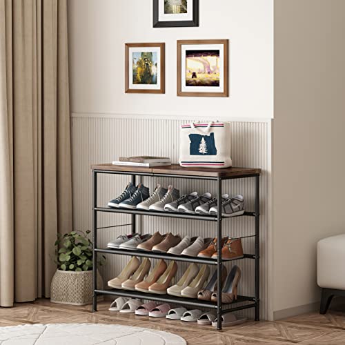 INGIORDAR Shoe Rack Organizer 4 Tier Metal Organizer Shelf with Industrial MDF Board and Layer Fabric for Entryway Closet Bedroom Living Room Gar