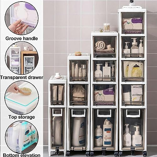 OPSREY Narrow Tall Bathroom Floor Cabinet Large Capacity Slim Toilet Paper Storage Cabinet 4 Drawer Cart with Clear Drawers and Casters Vertical