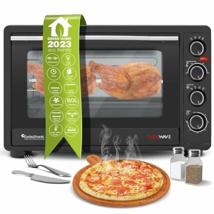 TurboTronic Mini Oven with Circulating Air, 60 L, Black, 2200 W, Mini Oven, Pizza Oven, Rotisserie Spit, Timer, Interior Lighting, Double Glazing