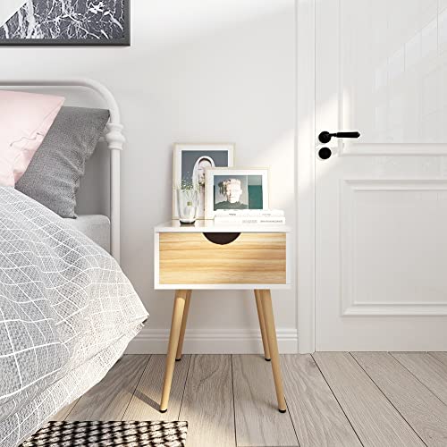 Mondeer Bedside Table with 1 Drawer Side Cabinet Storage Cabinet Scandinavian Style for Bedroom Living Room 40D x 40W x 56H cm, White + Oak