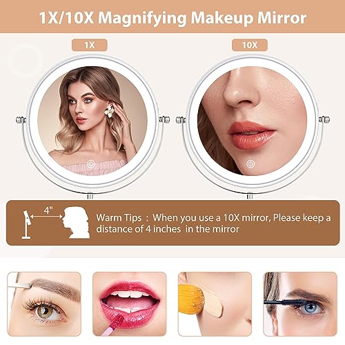 FFowcye Makeup Mirror with Lights and Magnification, 8" Adjustable Brightness & Height 1X/10X Magnifying Mirror LED 360° Rotation Touch Screen Va