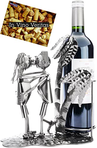 BRUBAKER Wine Bottle Holder Lovers with Palm Trees - Metal Bottle Holder Holiday Couple - 9.4 inches (24 cm) Bottle Rack Decoration with Greeting