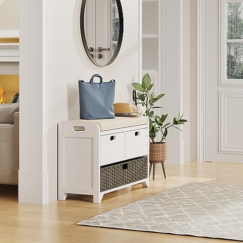 LOVMOR 32" Storage Bench for Entryway, Shoe Bench with Storage Removable Basket and 2 Drawers, Entryway Bench with Shoe Storage, Entryway Storage