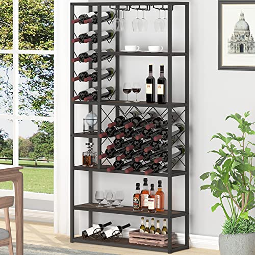 Launica Wine Rack freestanding Floor, Modern Tall Display Wine Storage Shelves, Wood and Metal Rustic Farmhouse Stackable Bakers Rack, Coffee Buf