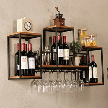 EYLINK Vintage Wall Hanging Wine Rack with Glass Holder and Bottle Shelf, Industrial Wall Mounted Wine Glass Rack, Stemware Goblet Holder Upside