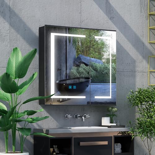 LUMIRRORS® LED Bathroom Mirror Cabinet with Shaver Socket Lights 65x60 cm 2-door Dimmer Matt Black Aluminum Touch Switch Antifog Adjustable Shelv