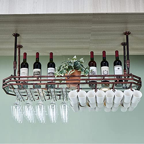 EMISOO Ceiling Wine Glass Rack, Hanging Wine Glass Rack, Ceiling Mount Metal Wine Glass Holder with Display Shelf,Height Adjustable Hanging Wine