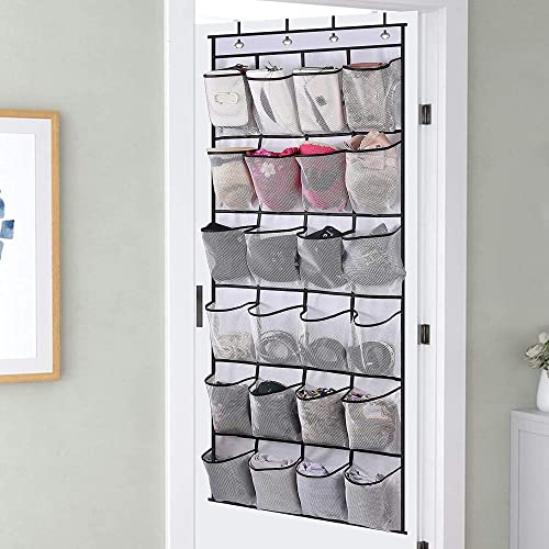 plastific Over the Door Shoe Storage Organiser Hanging Shoe Rack Holder Bag Wall Mounted with 24 Large Mesh Pockets for Wardrobe Door Slippers Ti