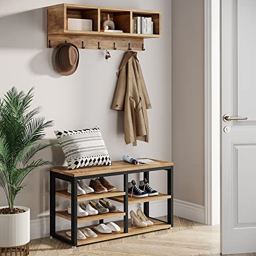 LITTLE TREE Coat Shoe Rack entryway Bench, Engineered Wood Metal, Black+Oak