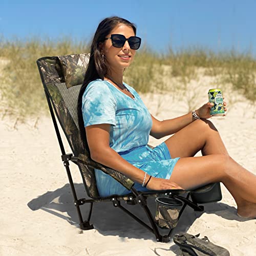 G4Free Upgraded Low Beach Chair Camping Chairs Compact Concert Lumbar Back Support Festival Chair with Carry Bag