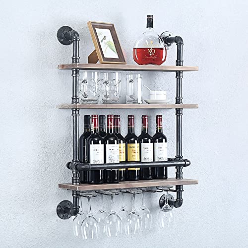 Industrial Pipe Shelf Wine Rack Wall Mounted with 5 Stem Glass Holder,24in Real Wood Shelves Kitchen Wall Shelf Unit,3-Tiers Rustic Floating Bar