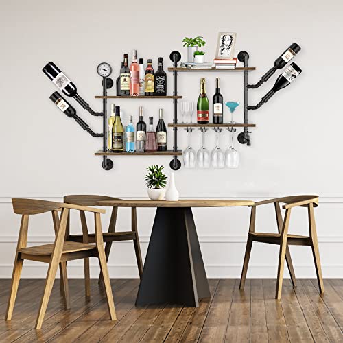 lukar 4 Tier Wall Wine Rack with 4 Stem Glass Holder, Hanging Industrial Pipe Shelving Wine Rack Wall Mounted, Floating Bar Liquor Shelves