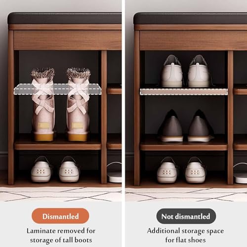 N/A Entryway Bench with PU Leather Cushion Shoe Rack Bench, 2 Tier Storage Shelf, Self-Assembly, for Small Space Entrance Bench with Shoe Storage