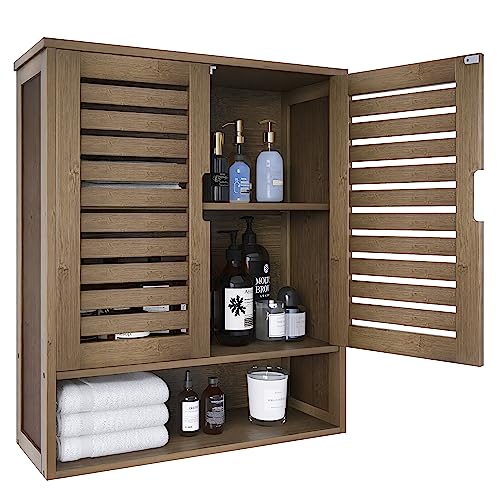 SMIBUY Bathroom Cabinet Wall Mounted, Bamboo Over-The-Toilet Storage Organizer, Space Saver Medicine Cabinet with 2 Door and Adjustable Shelves (