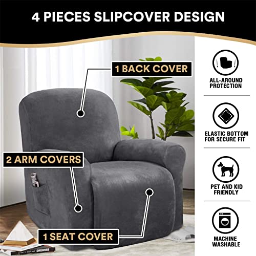 DSECHCRSL Velvet Recliner Chair Cover with Side Pocket, 4 Piece Non Slip Reclining Chair Cover, 1 Seat Stretch Recliner Cover Form Fitted Thick S
