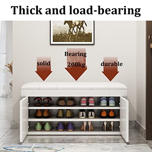 Shoe Bench Solid Wood Storage Bench Entryway, 3-Tier Entryway Bench with PU Cushion Seating, Shoe Rack Organizer with Door Cabinet for Entryway,