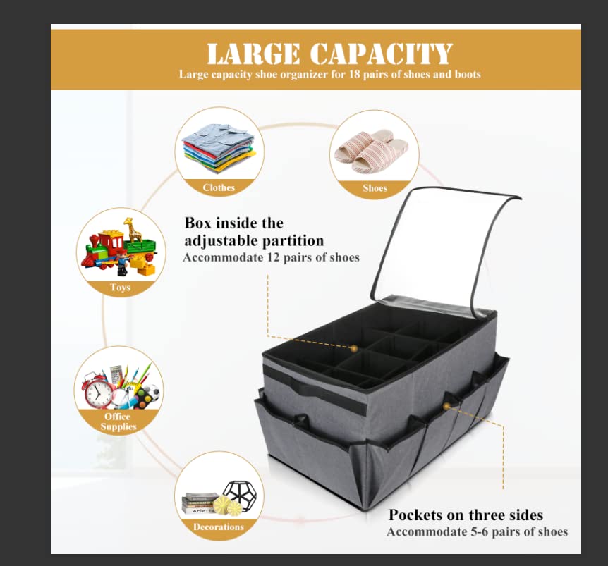 Lukeline Shoe Organizer for Closet with Transparent Cover and Adjustable Divider, Collapsible Shoe Box for 16 Pairs, Suitable for Storing Shoes a