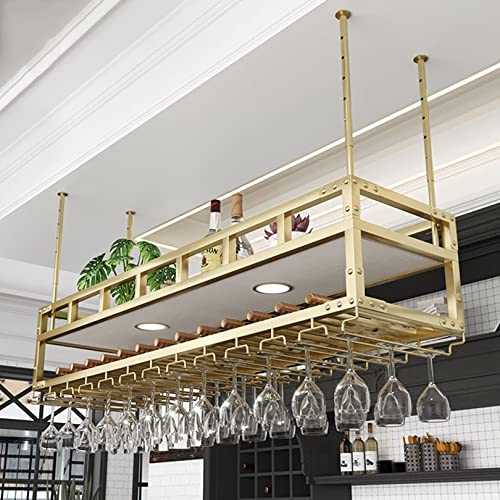 Hanging Wine Rack with 2Lights, Ceiling Mounted Wine Rack Adjustable Industrial Hanging Wine Bottle Holder, Metal Iron Wine Shelf for Bar Dining