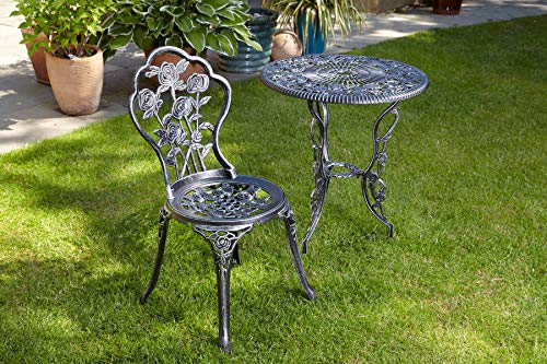 Home Source Rose Garden Patio Outdoor Bistro Set Table and 2 Chairs Metal Garden Furniture, Grey