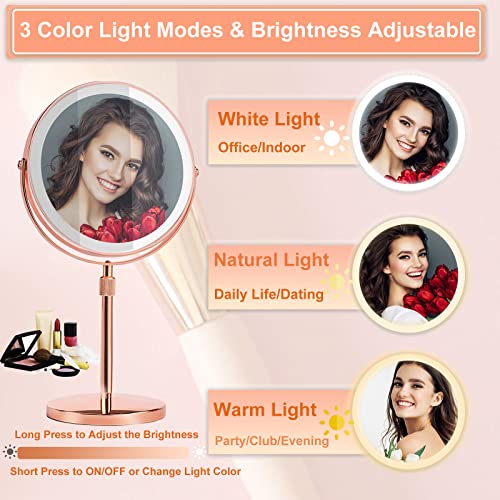 Lighted Magnifying Makeup Mirror with Lights,Height Adjustable,1x/10X Rechargeable Magnified Vanity Mirror with 3 Color Lights,360° Rotation Ligh