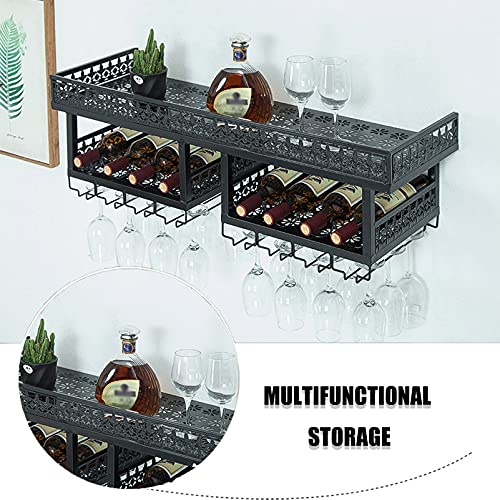 KEppd Wine Rack Wall Mounted - Wrought Iron Wine Rack | Wall-Mounted | Wine Bottle Wine Glass Holder | Rustic Modern Minimalist Style | Living Ro