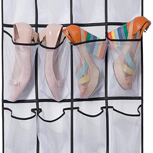 plastific Over the Door Shoe Storage Organiser Hanging Shoe Rack Holder Bag Wall Mounted with 24 Large Mesh Pockets for Wardrobe Door Slippers Ti