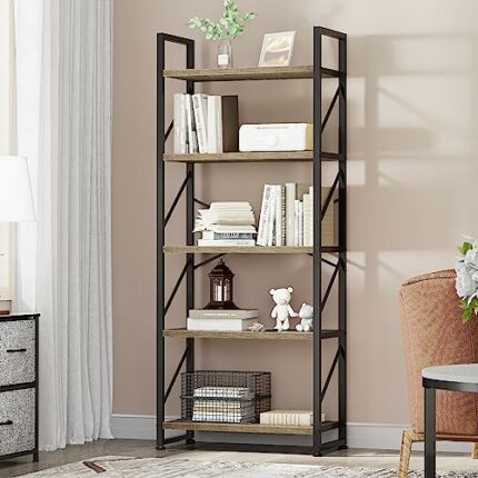 YITAHOME Bookcase 5 Tiers, Floor Standing Book Shelf, Wooden Shelf and Metal Frame Book Rack, Display Storage Rack Shelving Units for Living Room