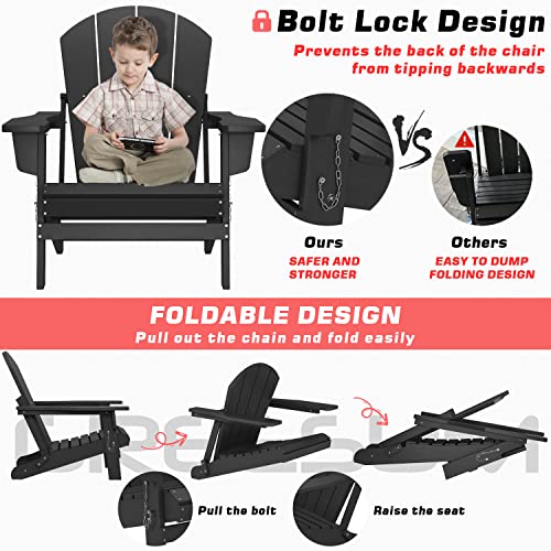 Greesum Folding Adirondack Chair Outdoor Accent Furniture Patio Lounge seat for Yard, Garden, Fire Pit 350lb Weight Capacity, Black