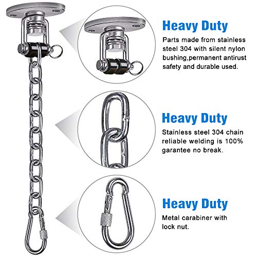 SELEWARE Permanent Antirust Stainless Steel 304 Heavy Duty Silent Bearing Swing Hangers with Chain and Carabiner, 360° Rotate, 2 Screw for Wooden