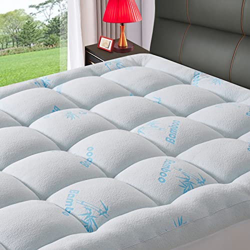 KELTARO Extra Thick Bamboo Mattress Topper Full Size for Double Bed, Cooling Mattress Pad Cover Plush Soft Noiseless Down Alternative Fill,with 8