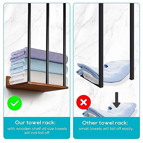 WeGXY Towel Racks for Bathroom Wall Mounted, Wall Towel Rack for Rolled Towels,Metal Towel Holder with Wooden Shelf,Towel Storage Organizer for S